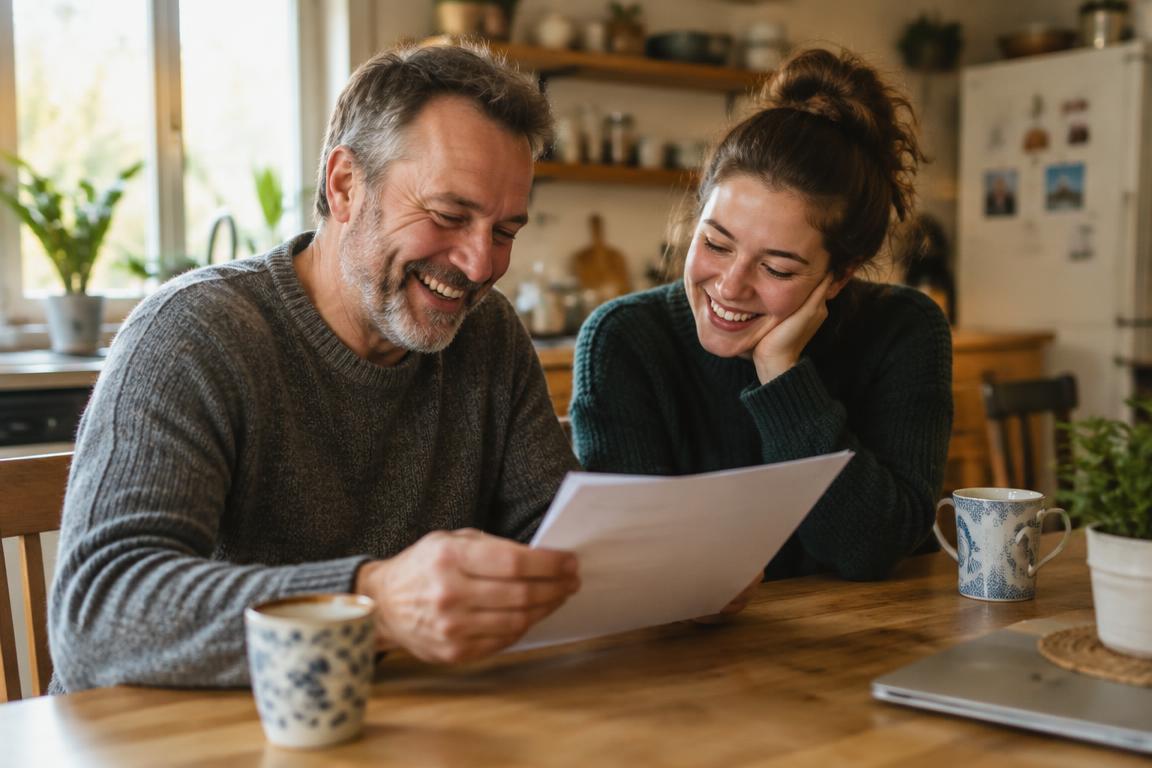 Two people at home smiling while reading an approval letter